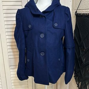 ANTHRO ELEVENSES 12 navy blue wool blend hooded pea coat in great condition